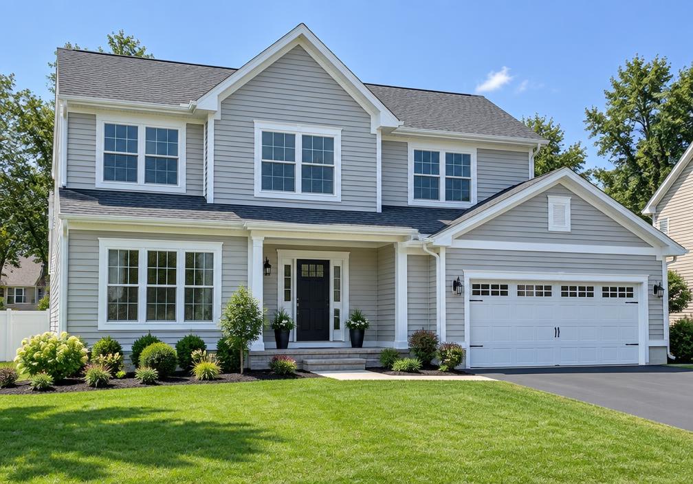 Two-story New Jersey home with newly installed light gray siding