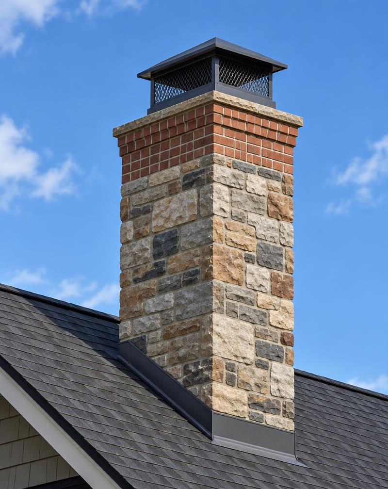 Stone and brick residential chimney with a metal chimney cap