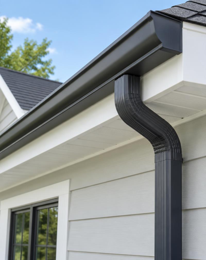 New dark seamless gutter and downspout on a residential roof edge