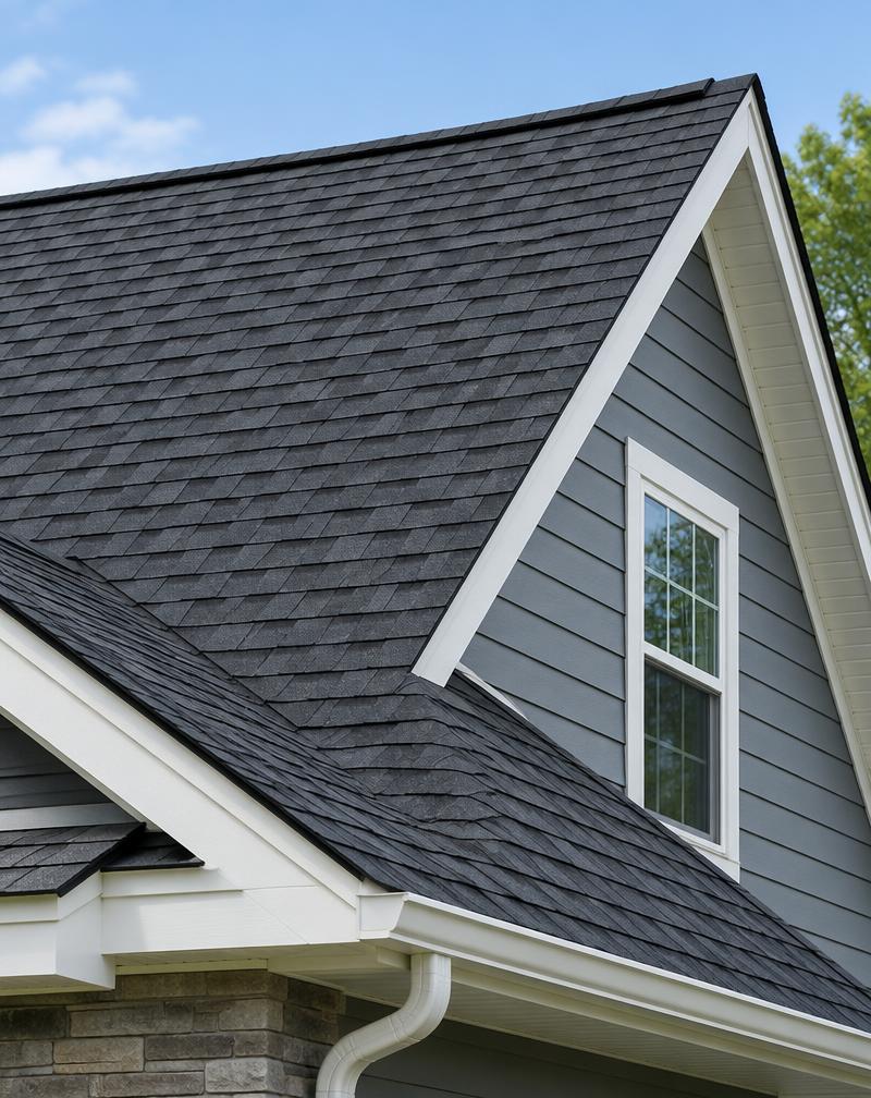New dark charcoal asphalt shingle roof on a gabled home