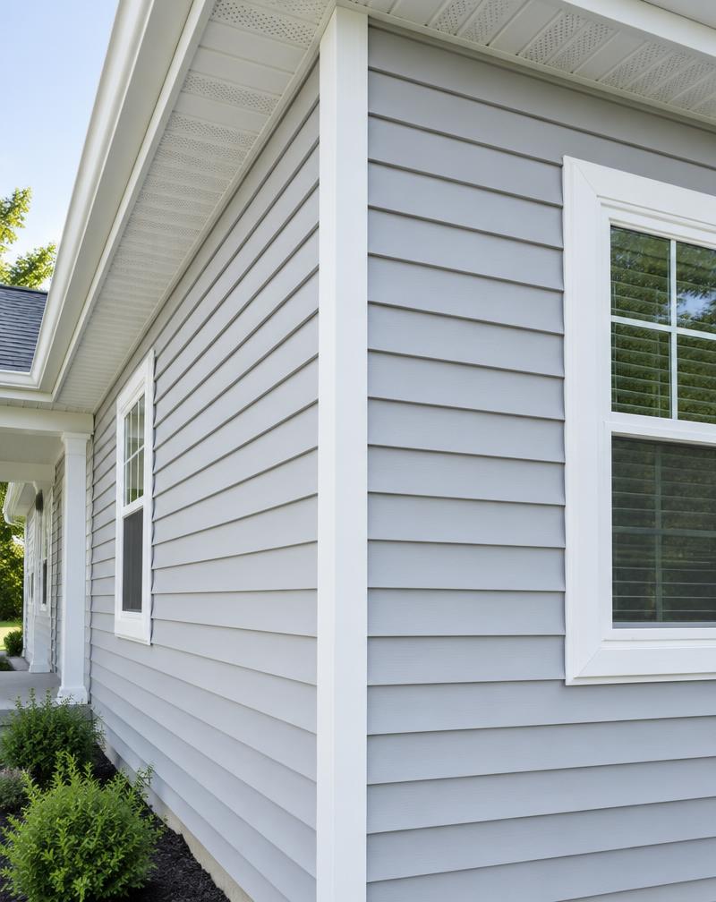 Light gray horizontal vinyl siding with white trim on a home