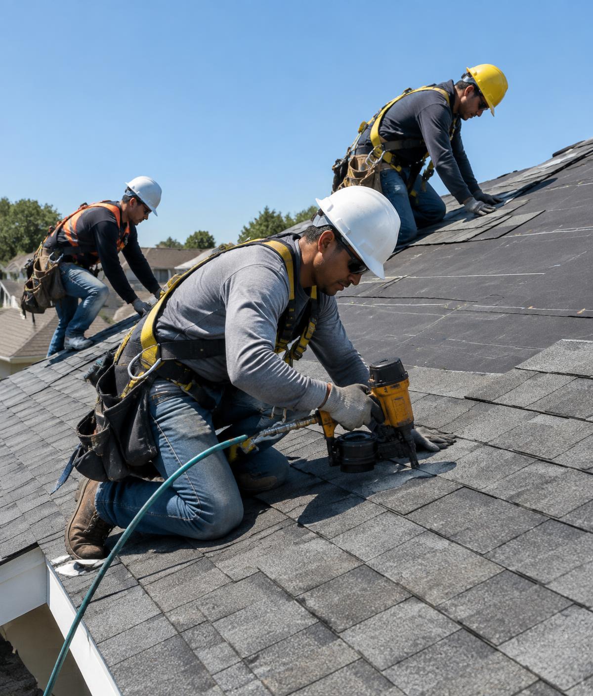 Roofing crew in safety harnesses installing shingles on a residential roof